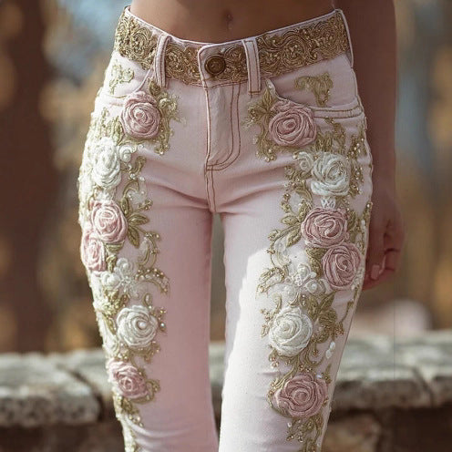 Femenza™ Retro Pink Rose Embroidered Artistic Printed Jeans